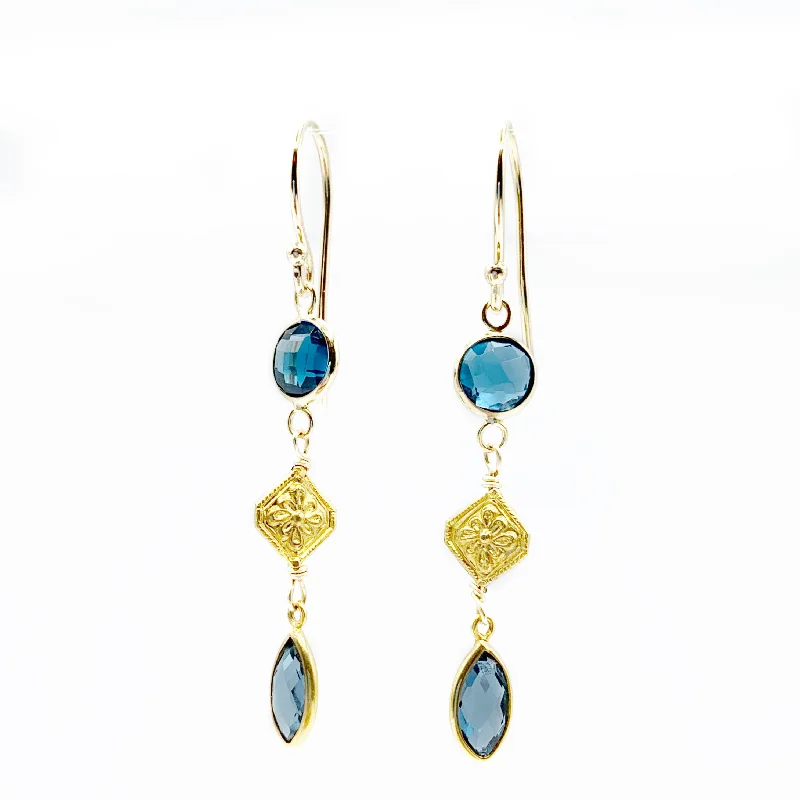 Cute Butterfly Earrings for Kids-Blue Topaz 14 Karat Yellow Gold Bezel set with 18 Karat Yellow Gold Filigree Earrings