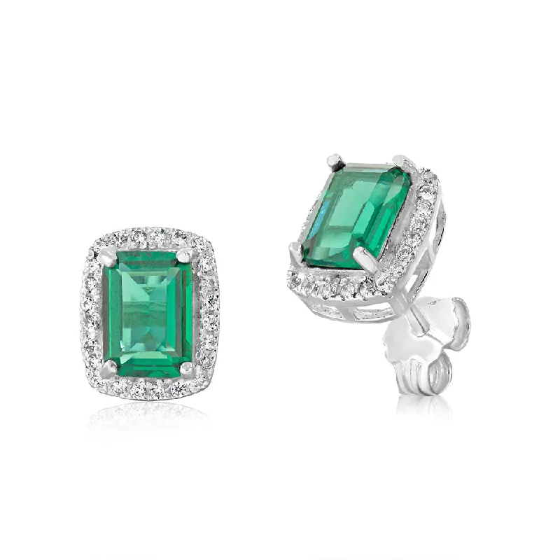 Luxury Silver Earrings for Bridesmaids-Sterling Silver Green & White Zirconia Rectangle Stud Earrings