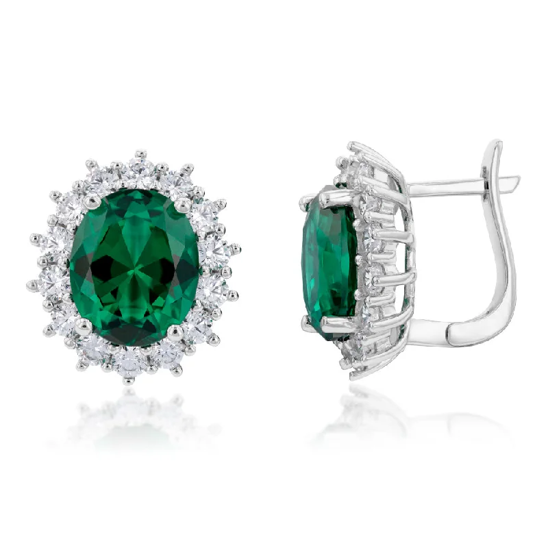 Colorful Gemstone Earrings-Sterling Silver Rhodium Plated Emerald-Green Cubic Zirconia Oval Earrings