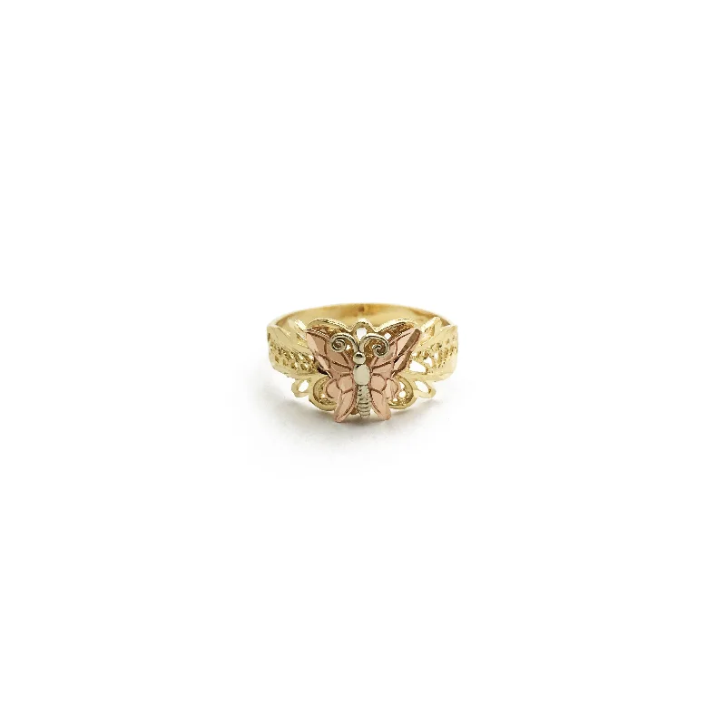 Designer Gold Ring with Emerald Cut Stone for Men-Rosy Lace Butterfly Ring (14K)