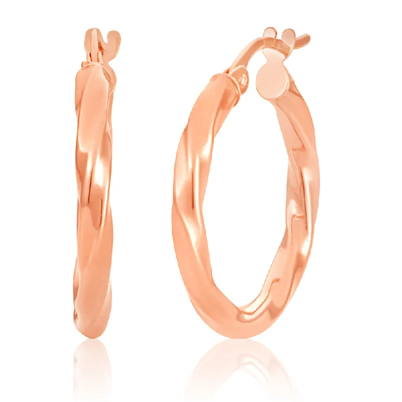 Sparkling Drop Earrings for Bridesmaids-9ct Rose Gold twist 15mm Hoops Earrings