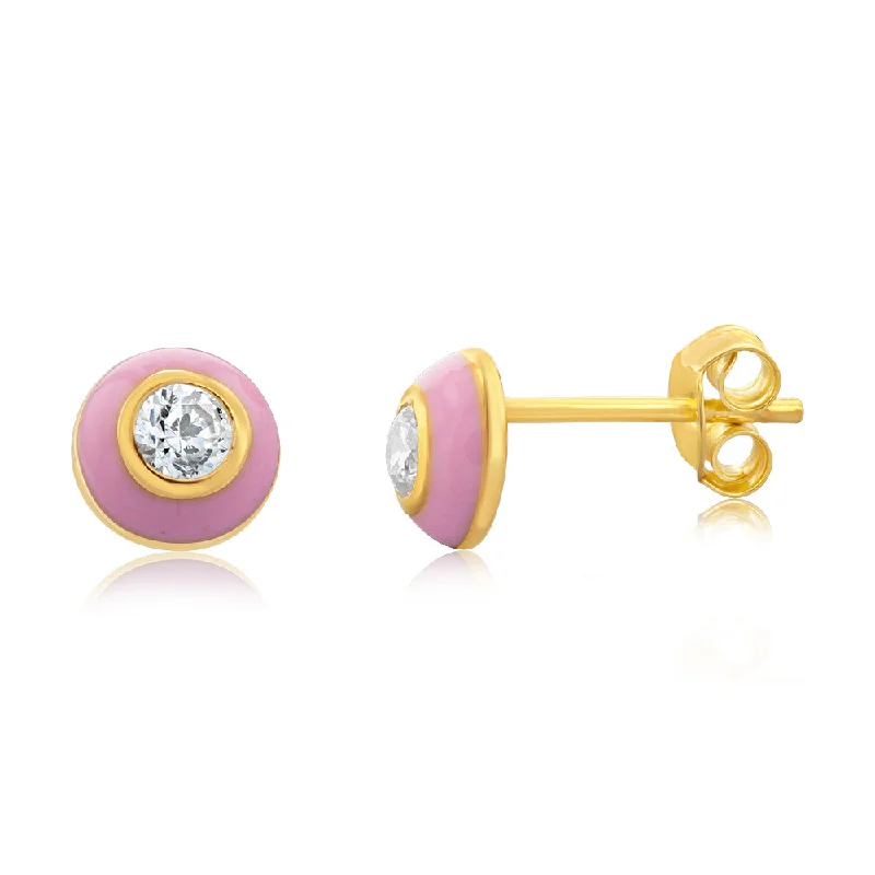 Personalized Name Earrings-Gold Plated Sterling Silver Round Pink Enamel and Cubic Zirconia Studs Earrings