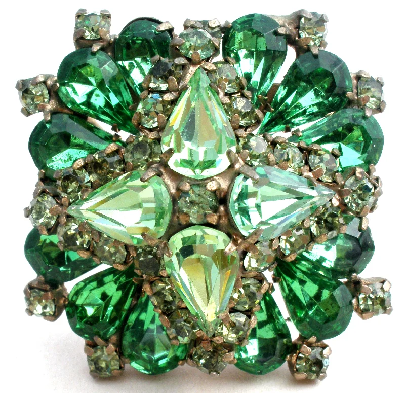 Brooch For Special Wedding Events-Green Rhinestone Layered Brooch Pin Vintage