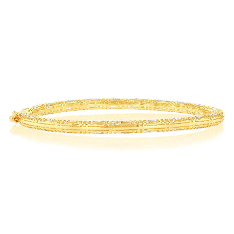 Simple Gold Bangles with Simple Crystal Charms-9ct Yellow Gold Textured Round Hinged Bangle