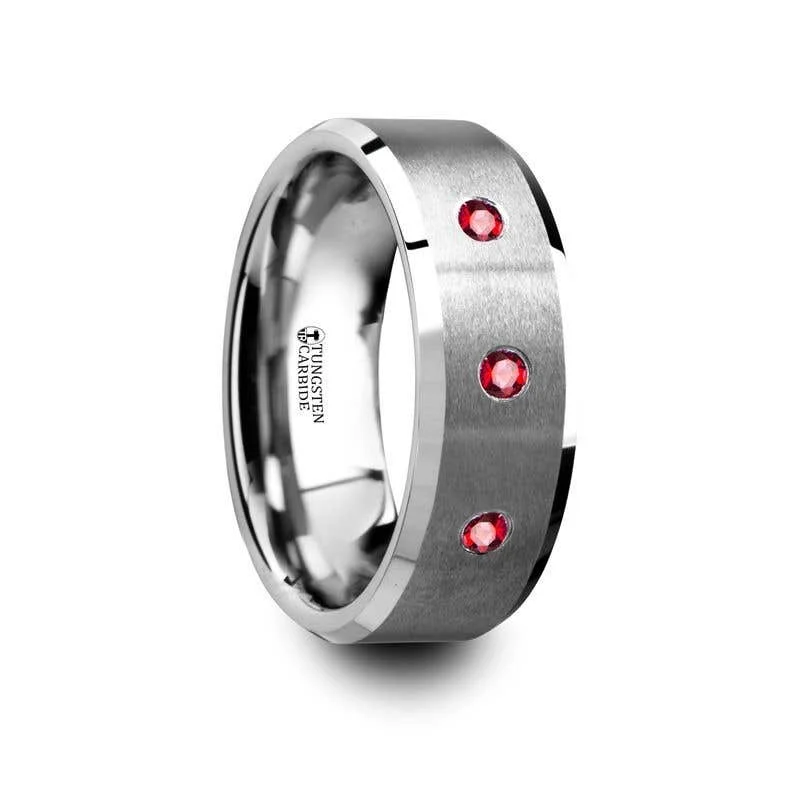 Luxury Sapphire Wedding Ring for Special Occasions-Thorsten NEREUS Brushed Tungsten Flat Wedding Band with Polished Beveled Edges & Rubies - 8mm