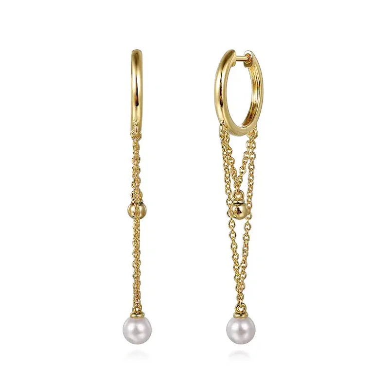 Sparkling Silver Earrings for Weddings-Gabriel 14K Yellow Gold Bujukan and Pearl Huggie Drop Earrings