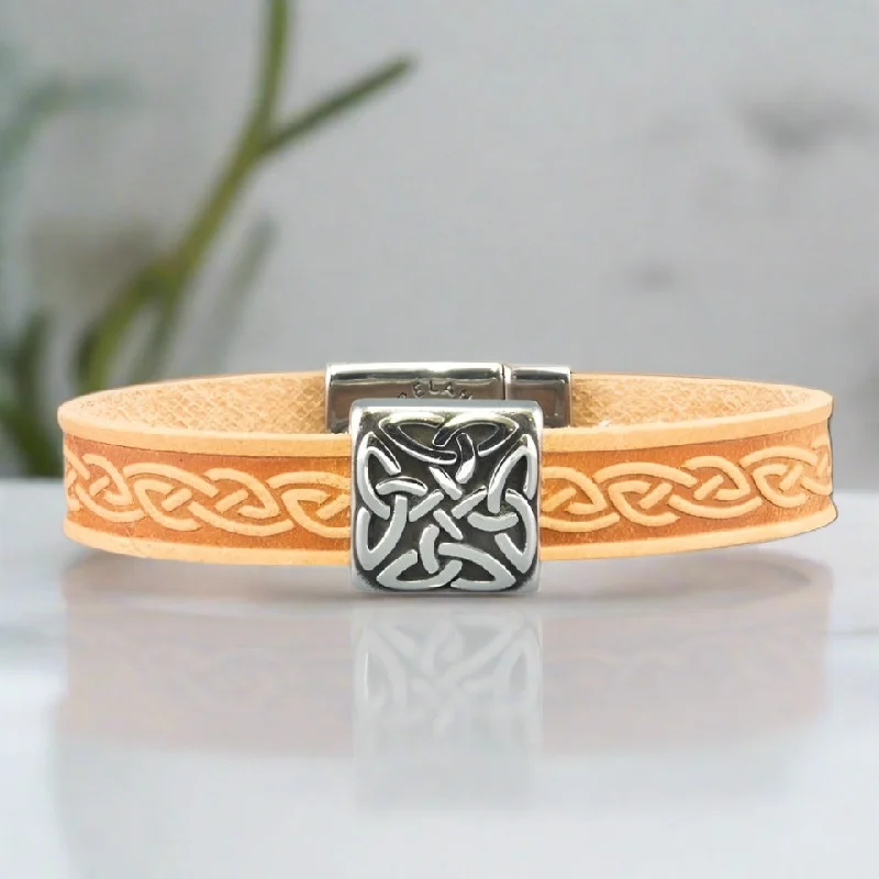 Classic Silver Bracelet with Minimal Charm-Braden Tan Celtic Cuff Leather Bracelet