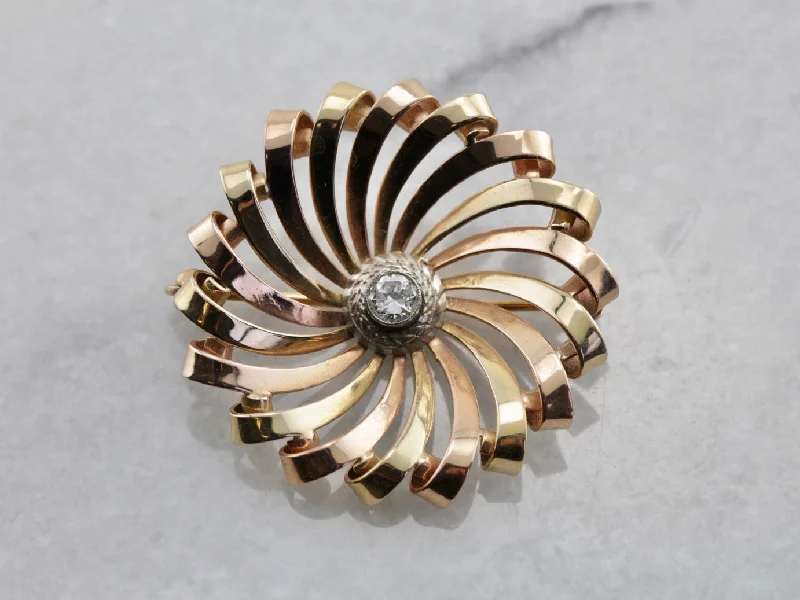 Retro Brooch With Diamonds-Mid Century Spiral Brooch with Diamond Center in Tri Color Gold