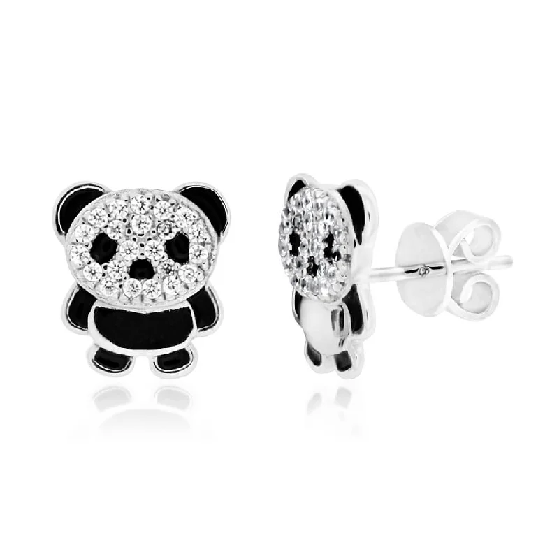 Handcrafted Pearl and Crystal Earrings-Sterling Silver Cubic Zirconia Fancy Panda Stud Earrings