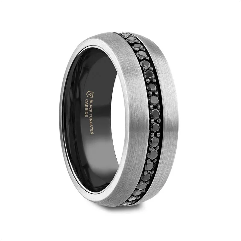 Custom Rose Gold Engagement Ring with Diamond Halo-Thorsten PILOT Gunmetal Tungsten Ring with Black Sapphires - 8mm