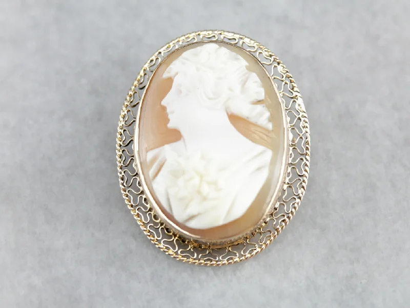 Custom Brooch For Jackets-Vintage Cameo Gold Filigree Brooch