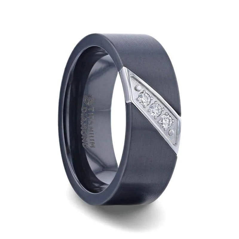 Trendy Silver Band Ring with Geometric Design-Thorsten JAGUAR Flat Brushed Black Titanium Men's Wedding Band With Small Silver-Coated Diagonal Design And A Set of 3 Diamonds - 8mm