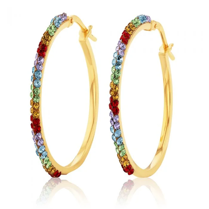 Stylish Drop Earrings for Evening Wear-9ct Silverfilled Yellow Gold Rainbow Multi-Colour Crystals 25mm Hoop Earrings