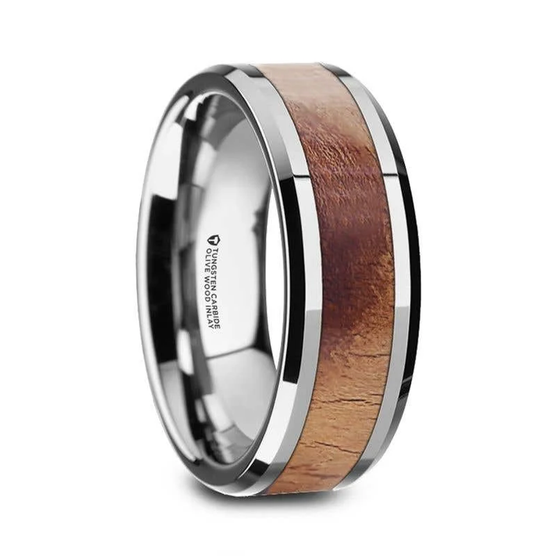 Custom Rose Gold Ring with Gemstone Center Stone-Thorsten OLLIVANDER Olive Wood Inlaid Tungsten Carbide Ring with Bevels - 6mm & 8mm