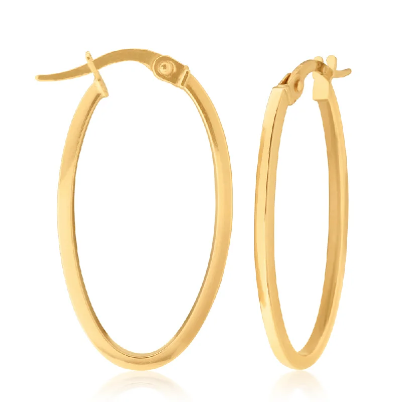 Sparkly Hoop Earrings with Diamonds-9ct Yellow Gold 10mm Oval Plain Earrings