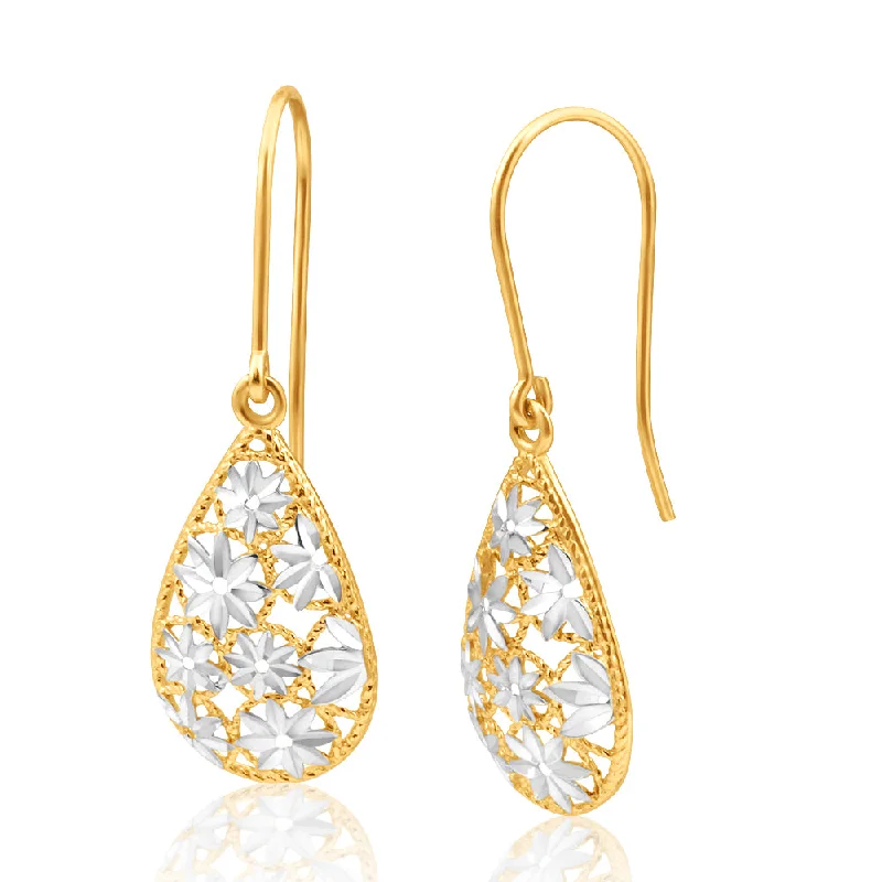 Simple Crystal Earrings for Work-9ct Yellow Gold & White Gold Filigree Flower Tear Drop Earrings