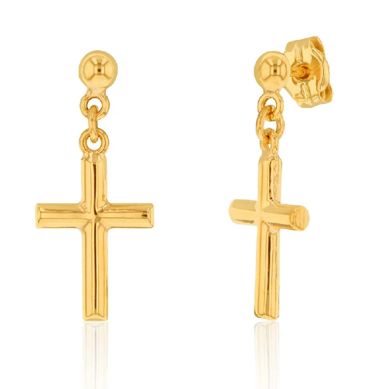 Boho Earrings with Feathers-9ct Yellow Gold Cross Drop Earrings