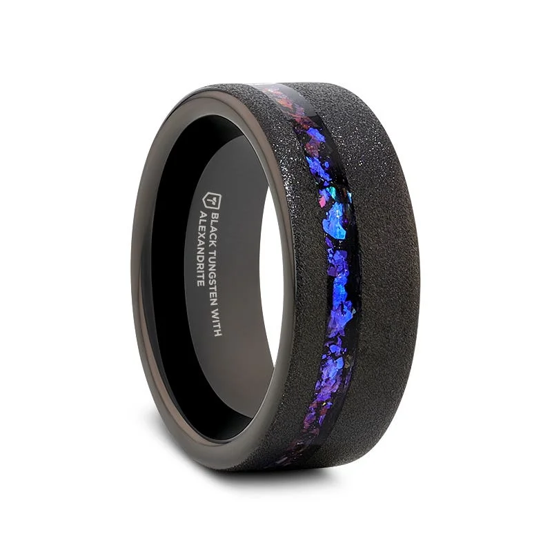 Personalized Ring with Custom Family Initials-Thorsten MIRAGE Sandblasted Black Tungsten Ring with Crushed Alexandrite and Dark Blue & Purple Crushed Goldstone - 8mm