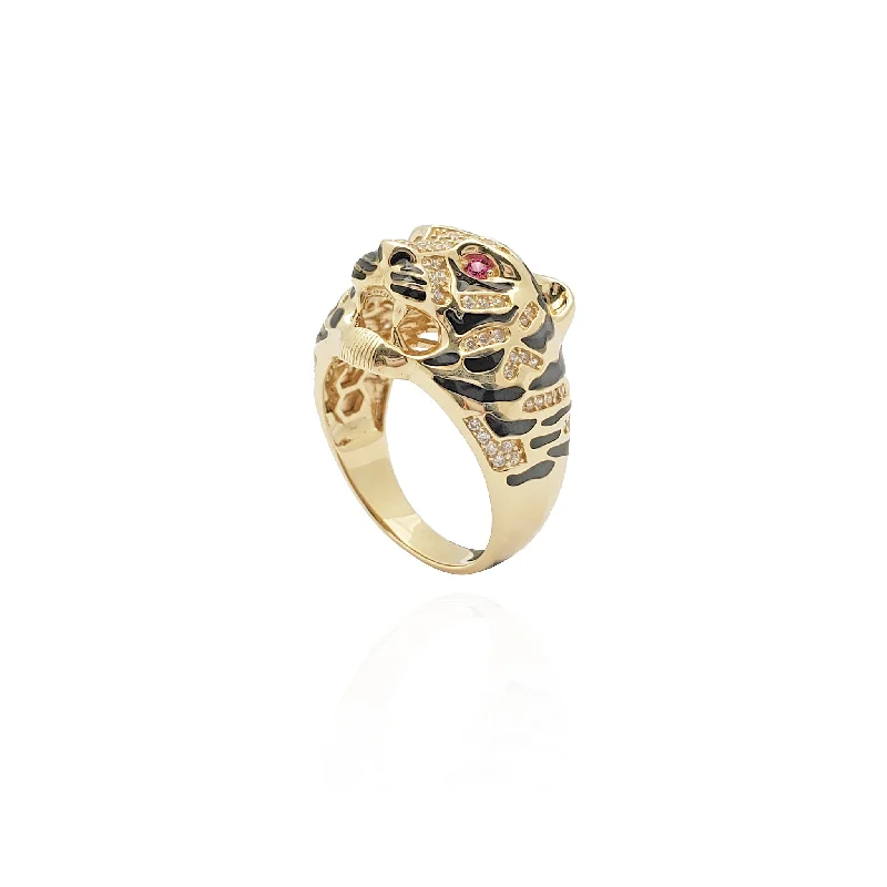 Simple Gold Band Ring with Amethyst Accent-Stripes & Ice Tiger Ring (14K)