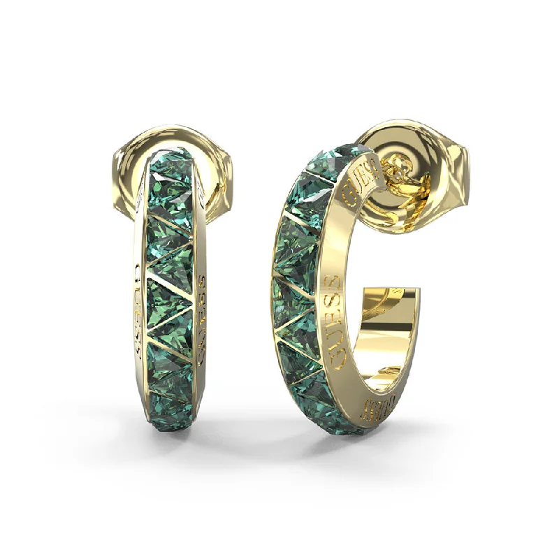 Silver Earrings with Birthstones-Guess Gold Plated Stainless Steel 18mm Green Multi Triangle Hoop Earrings