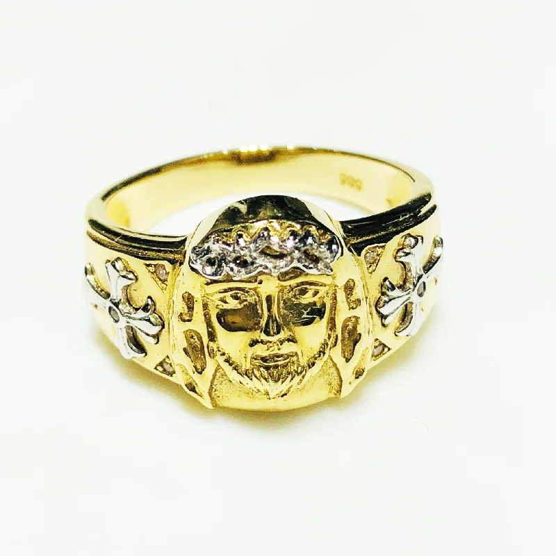 Elegant Engagement Ring with Halo Sapphire and Diamond-Jesus Head Crown Ring 14K Yellow Gold