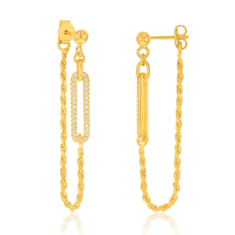 Artistic Dangle Earrings-Yellow Gold Plated Sterling Silver CZ On Open Rectangle And Chain Earrings