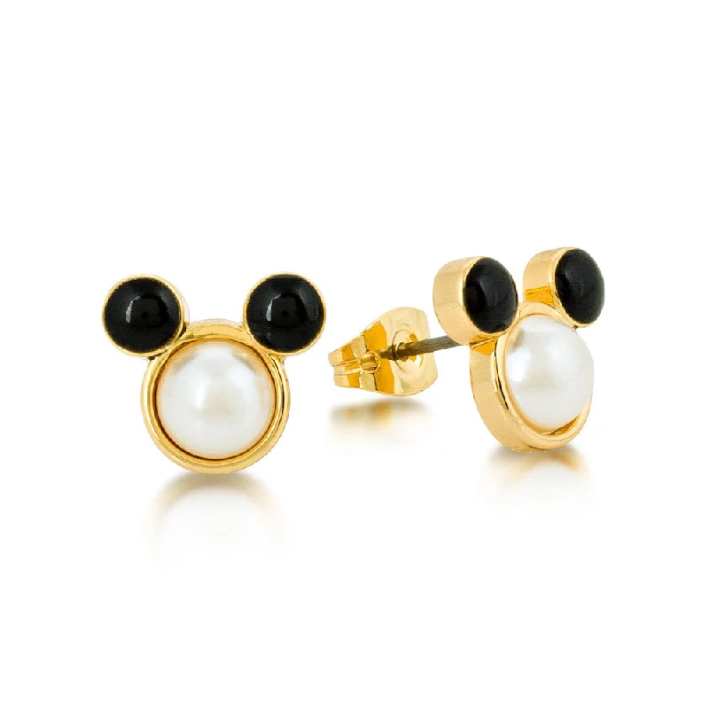 Silver Earrings with Colored Stones-DISNEY Mickey Mouse Simulated Pearl and Black Crystal Stud Earrings