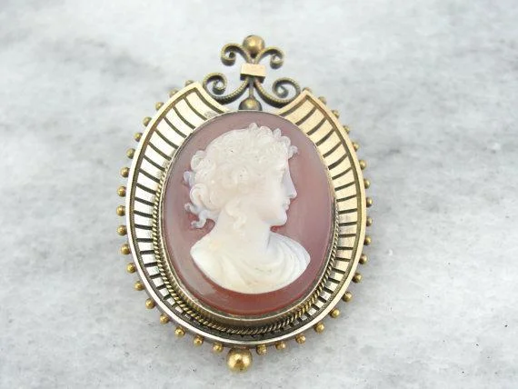 Elegant Brooch With Colorful Stones-Victorian Sardonyx Cameo Brooch Pendant