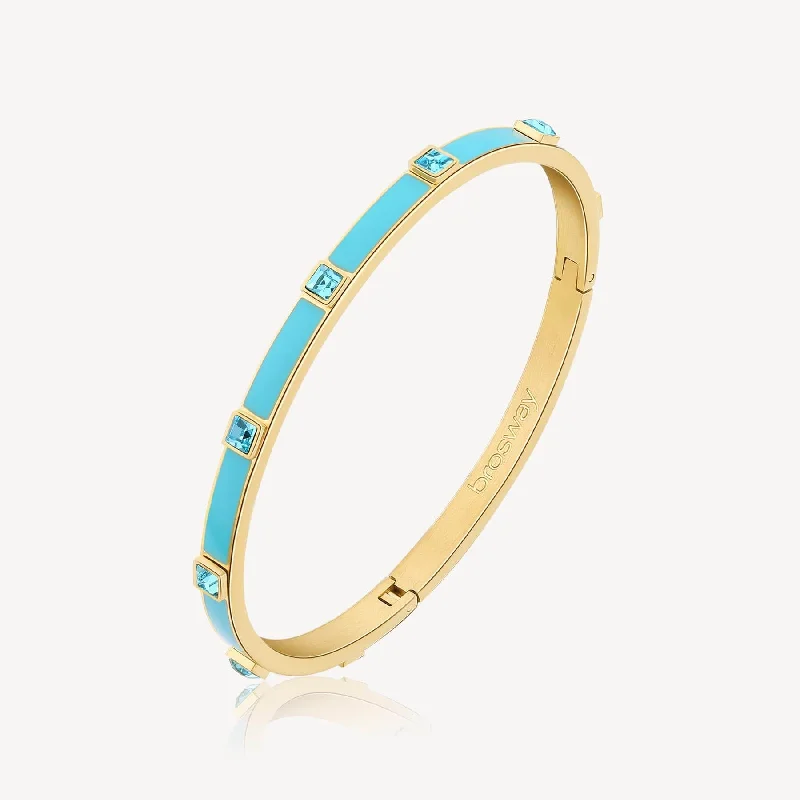 Personalized Bangle Set with Custom Messages-Stainless Steel Gold Tone Latching Bangle with Light Blue Enamel & Crystals