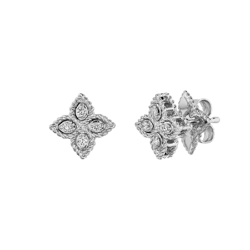 Handcrafted Crystal Earrings for Brides-Roberto Coin 18k White Gold Princess Flower Small Diamond Stud Earrings