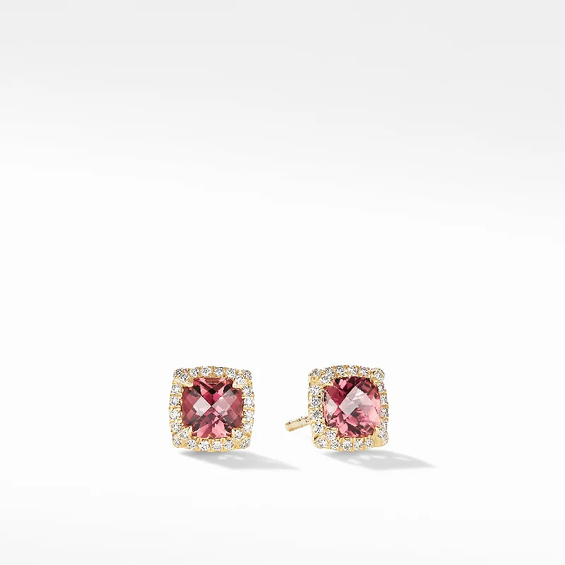 Crystal Drop Earrings for Parties-Pre-owned David Yurman Chatelaine Pave Bezel Stud Earrings in 18K Yellow Gold with Pink Tourmaline