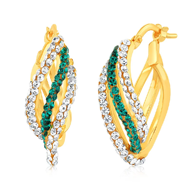 Simple Silver Earrings with Crystals-9ct Yellow Gold Silverfilled Green And White Crystal Triple Hoop Earrings