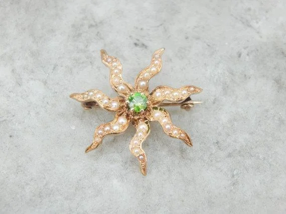 Colorful Brooch With Pearls-Victorian Demantoid Garnet Seed Pearl Brooch