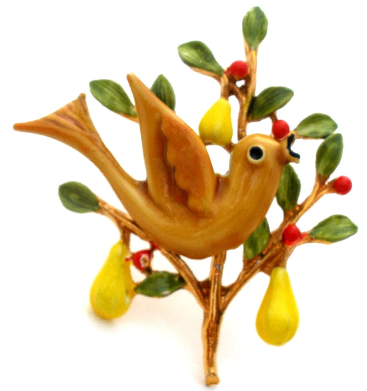 Luxury Brooch With Natural Stones-ART Partridge Bird In Pear Tree Brooch Pin Vintage