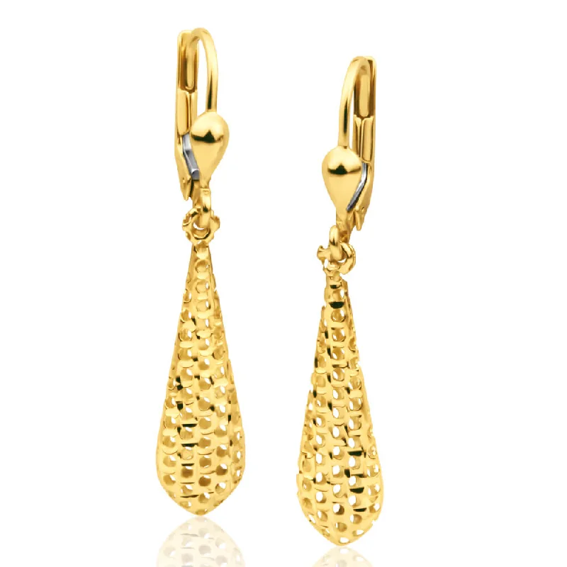 Colorful Gold Earrings for Spring-9ct Yellow Gold Bomber Diamond Cut Drop Earrings