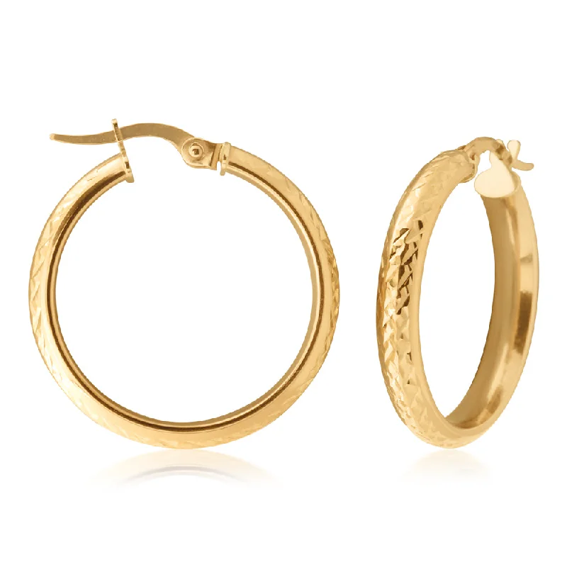 Simple Crystal Hoop Earrings-9ct Yellow Gold 20mm Diamond Cut Hoop Earrings