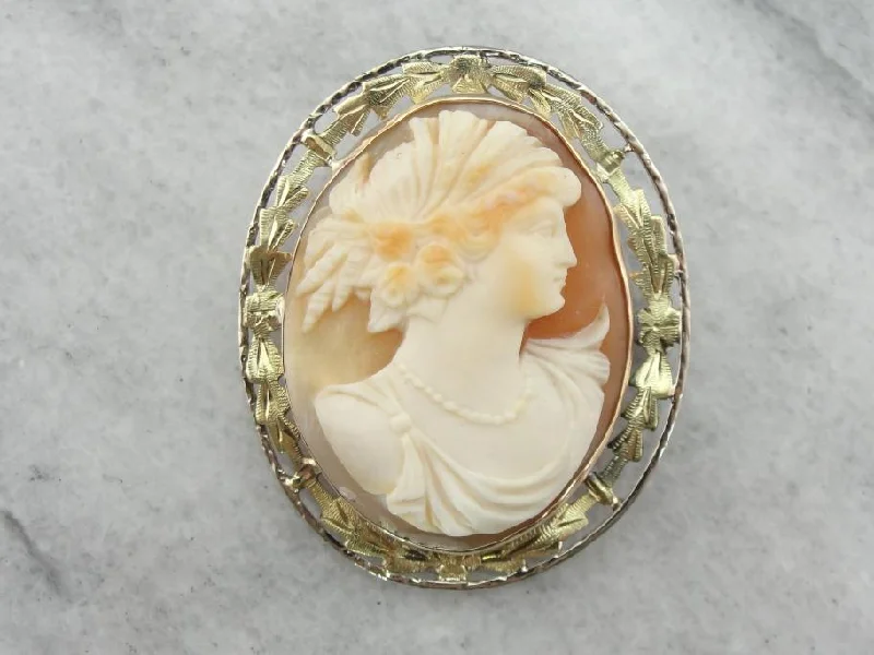 Crystal Brooch For Cocktail Dresses-Art Nouveau Cameo Brooch with Green Gold Frame