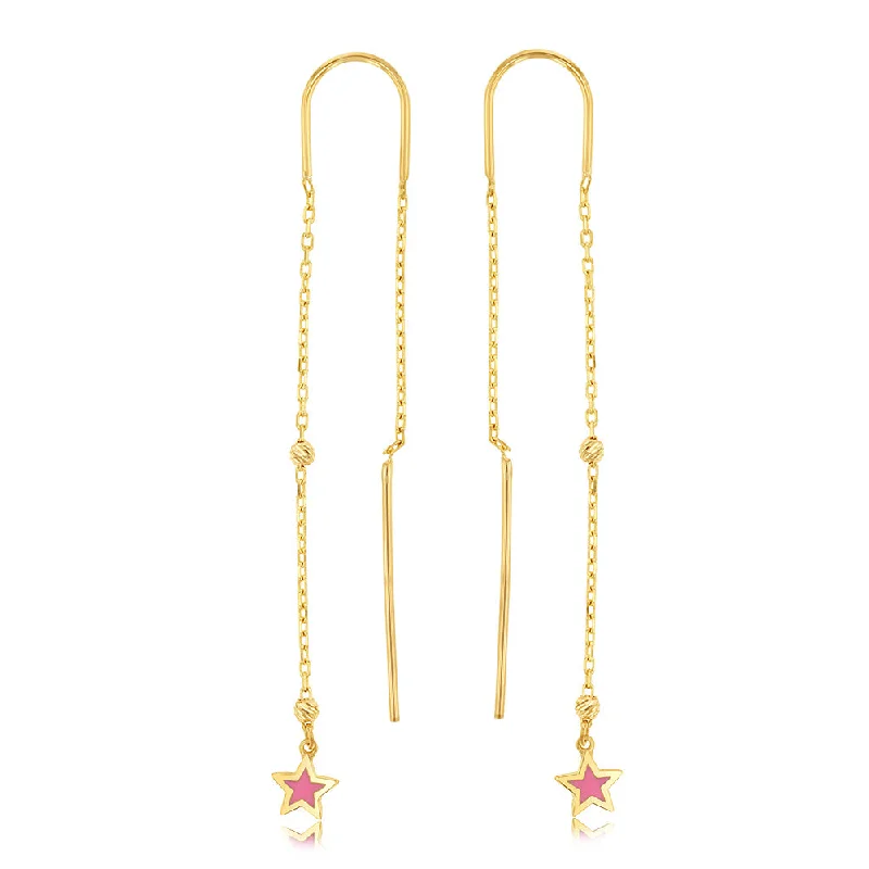 Personalized Birthstone Earrings for Girls-9ct Yellow Gold Pink Star Threader Earrings