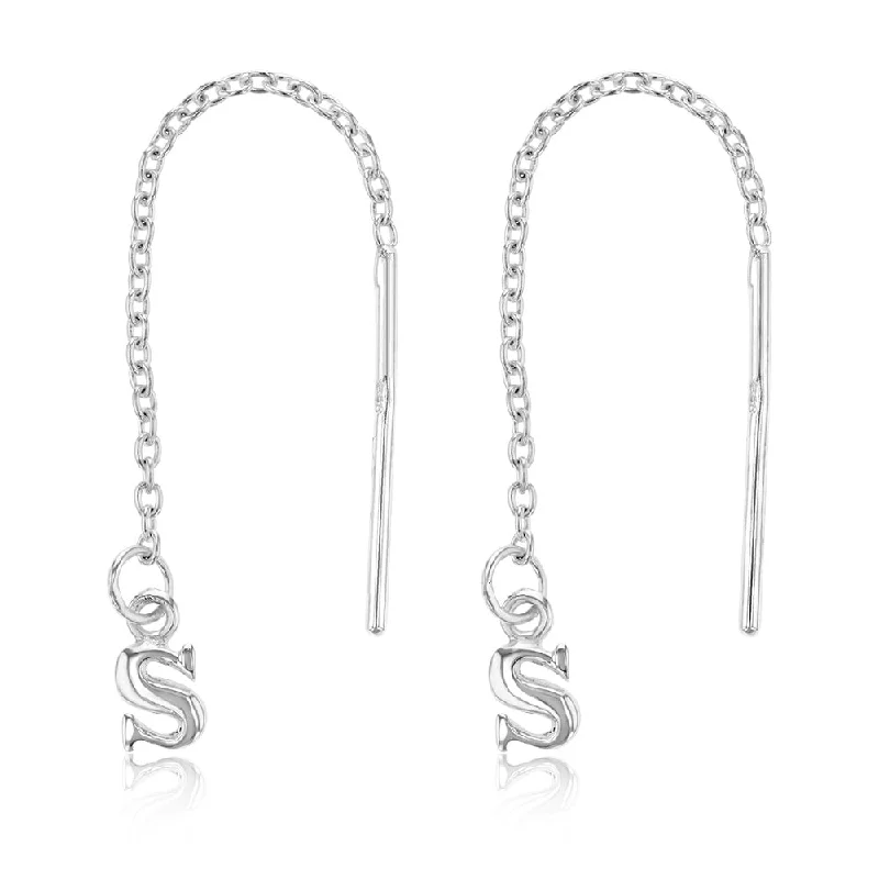 Stylish Earrings with Colored Gems-Sterling Silver Initial S Threader Drop Earrings