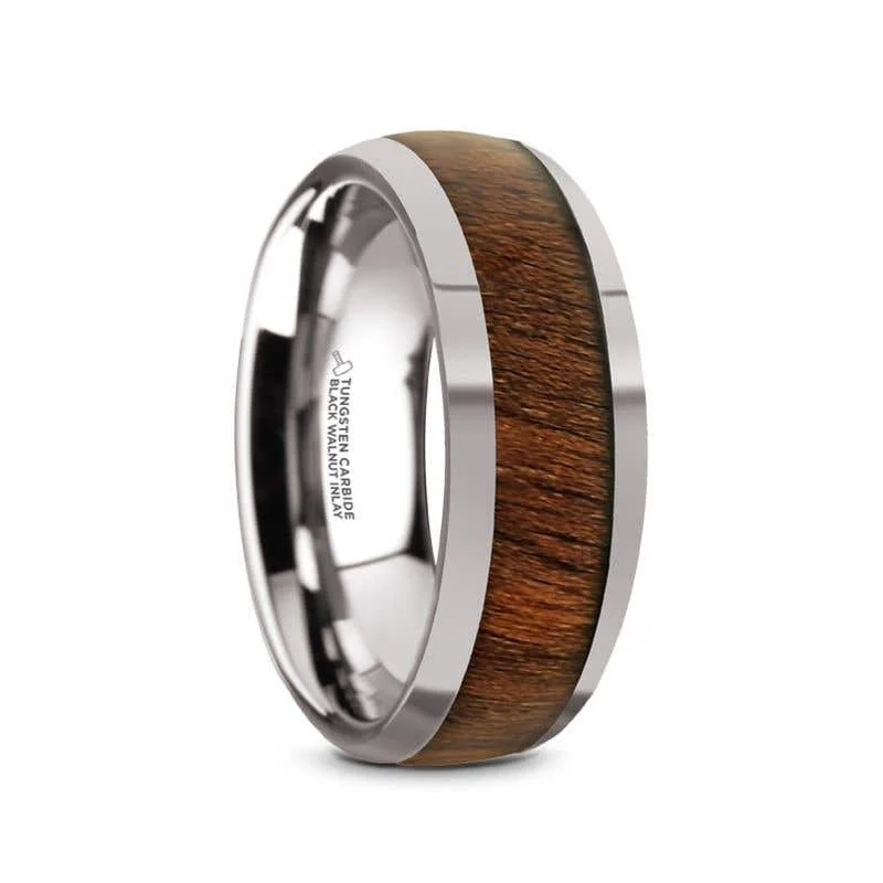 Custom Silver Engagement Ring with Ruby Accent-Thorsten JUGLAN Tungsten Carbide Polished Finish Men’s Domed Wedding Ring with Exotic Black Walnut Wood Inlay - 8mm