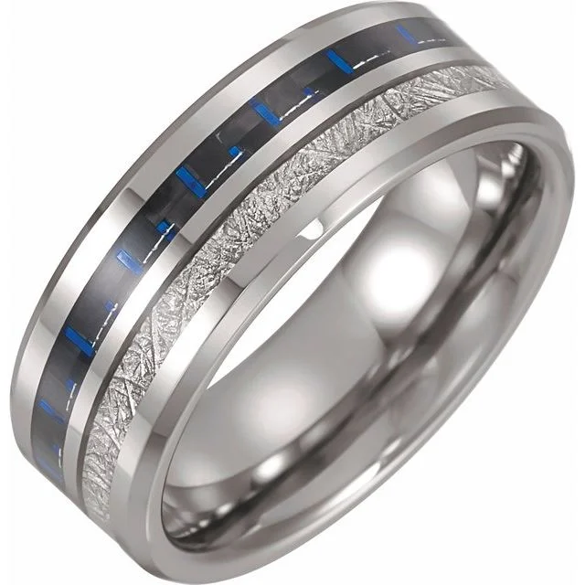 Classic Wedding Ring Set with Gold and Sapphire-Tungsten 8 mm Band with Imitation Meteorite and Carbon Fiber Inlay