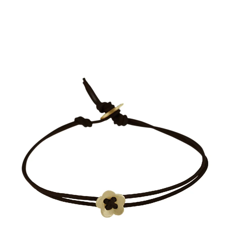 Simple Leather Bracelet with Birthstone Charm-10K Gold Small Single Flower Bracelet on Black Cord