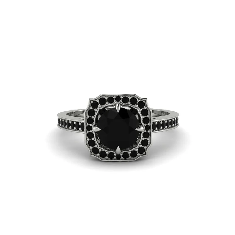 Personalized Couples’ Ring with Custom Design-Black Diamond Cathedral Halo Engagement Ring - Luciana No. 39