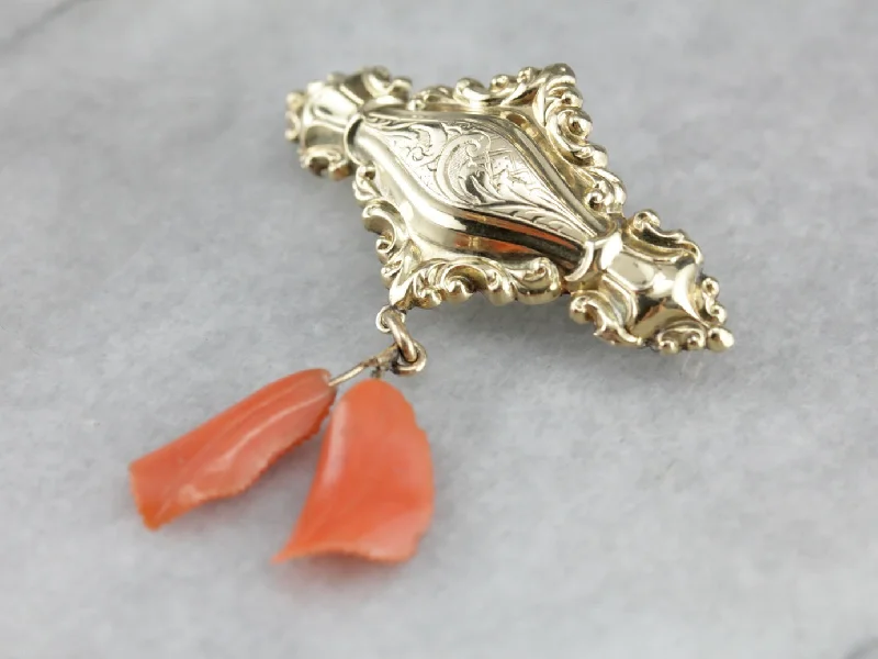 Unique Pearl Brooch-Ornate Victorian Coral Gold Brooch