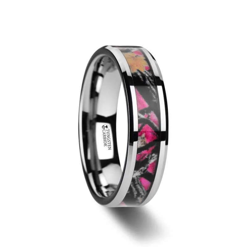 Personalized Wedding Band with Text and Gemstone-Thorsten JULIET Realistic Tree Camo Tungsten Carbide Wedding Band with Real Pink Oak Leaves - 6mm - 8mm