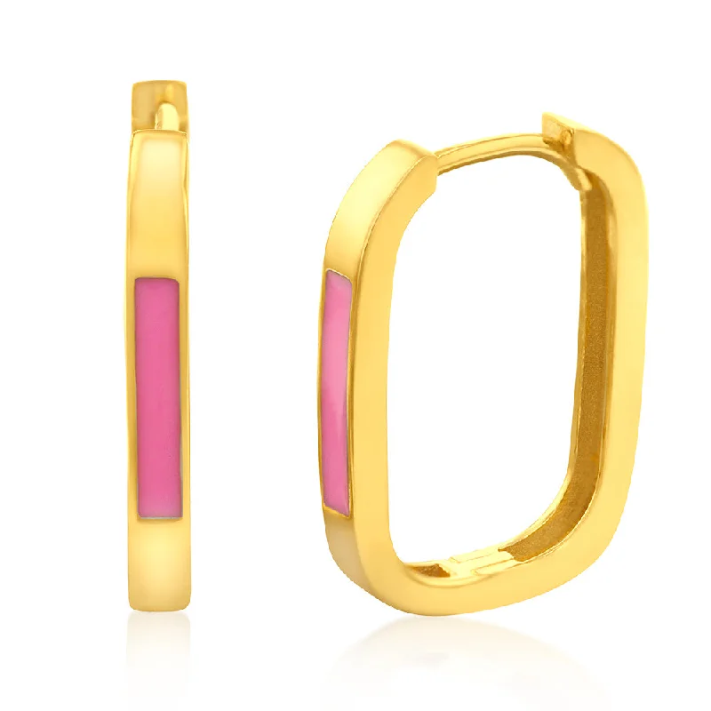 Classic Dangle Earrings for Brides-9ct Yellow Gold Pink Enamel On Square Hoop Earrings