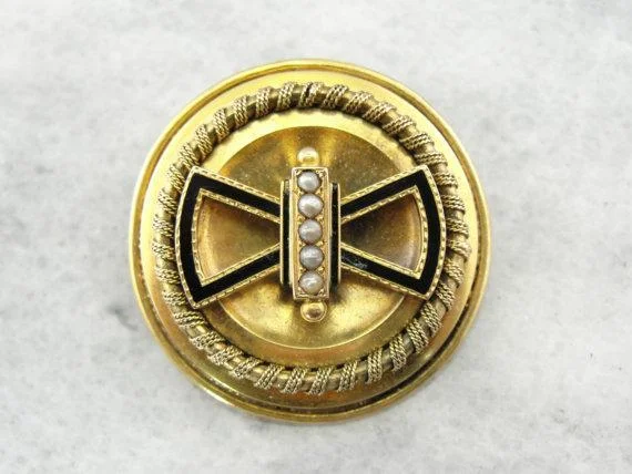 Retro Brooch With Crystal Embellishments-Victorian Seed Pearl Enamel Gold Brooch