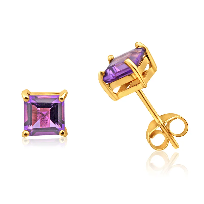 Modern Gold Earrings for Women-9ct Yellow Gold Amethyst Princess Cut 5mm Stud Earrings