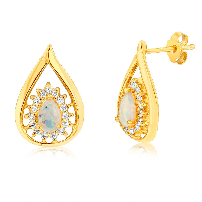 Bohemian Gold Earrings for Women-Sterling Silver Gold Plated Created Opal Cubic Zirconia Pear Shaped Drop Earrings