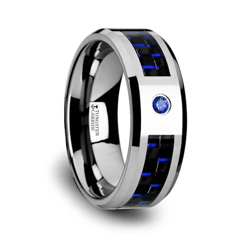 Simple Engagement Ring with Oval Sapphire Gemstone-Thorsten NEPTUNE Tungsten Carbide Ring Black Blue Carbon Fiber Blue Sapphire Setting with Bevels - 8mm